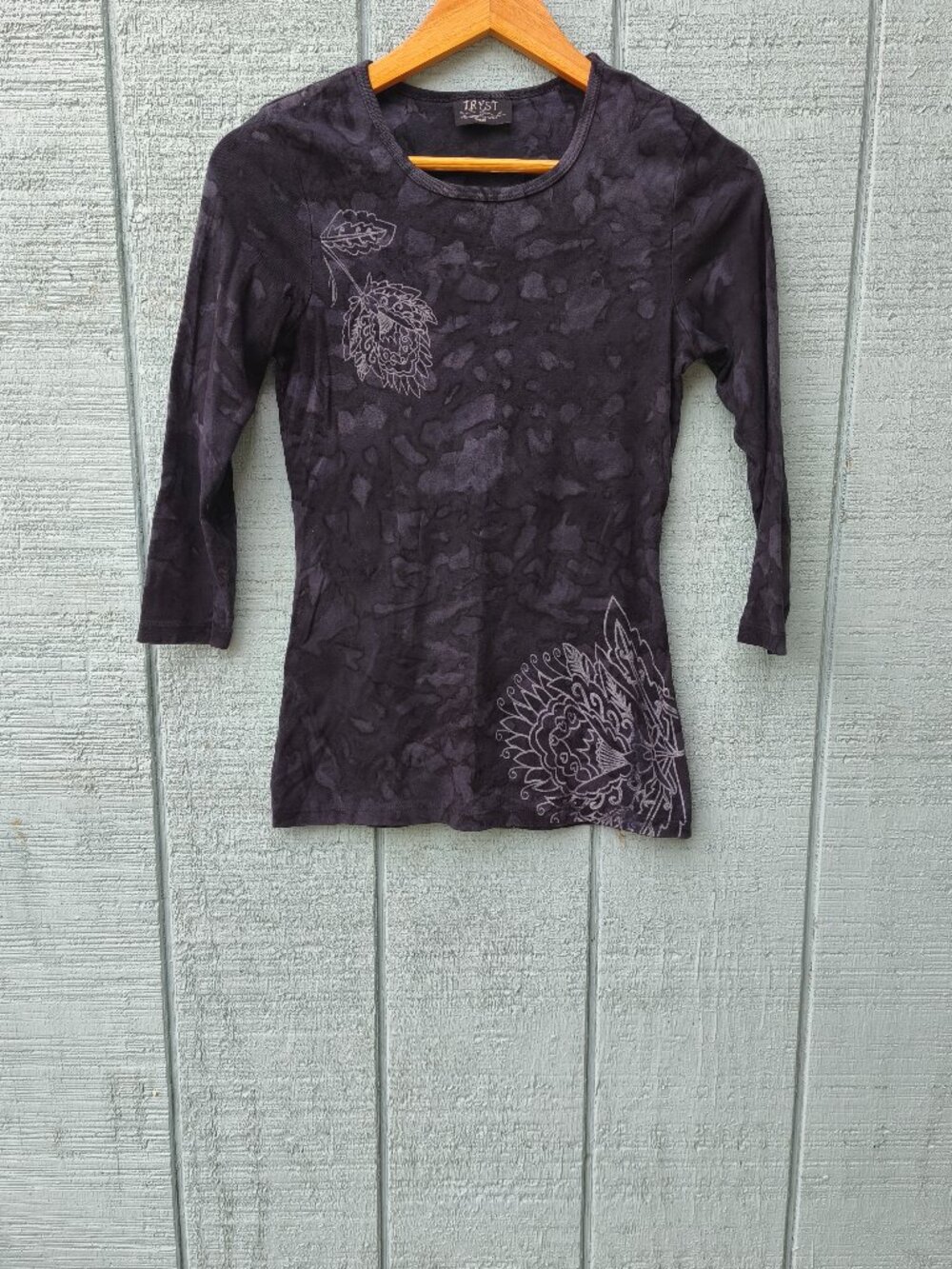 y2k Tryst 100% Cotton Tye Dye Bleach Floral Design 3/4 Sleeve Tee sz S Black